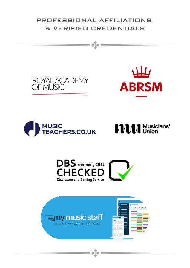 Affiliation icons showing professional music teaching credentials and memberships: ABRSM, Musicians’ Union, MusicTeachers.co.uk, MyMusicStaff, DBS, and Royal Academy of Music.