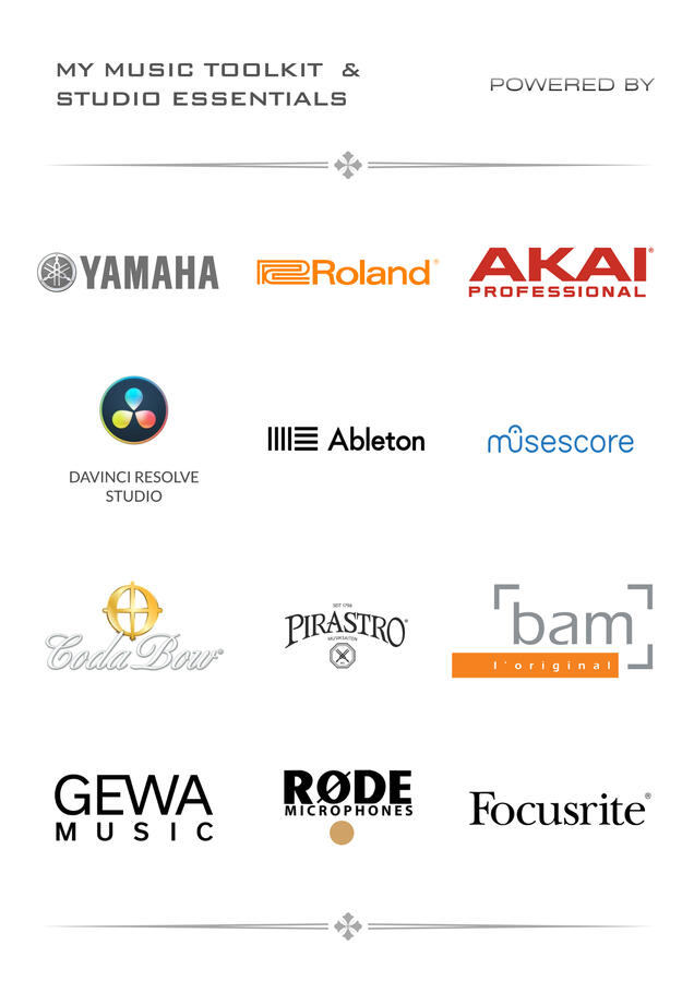 Logos of music gear and software brands including Roland, Yamaha, Akai, Rode, GEWA, Focusrite, Pirastro, Ableton, Davinci, all used for violin and piano production and recording.